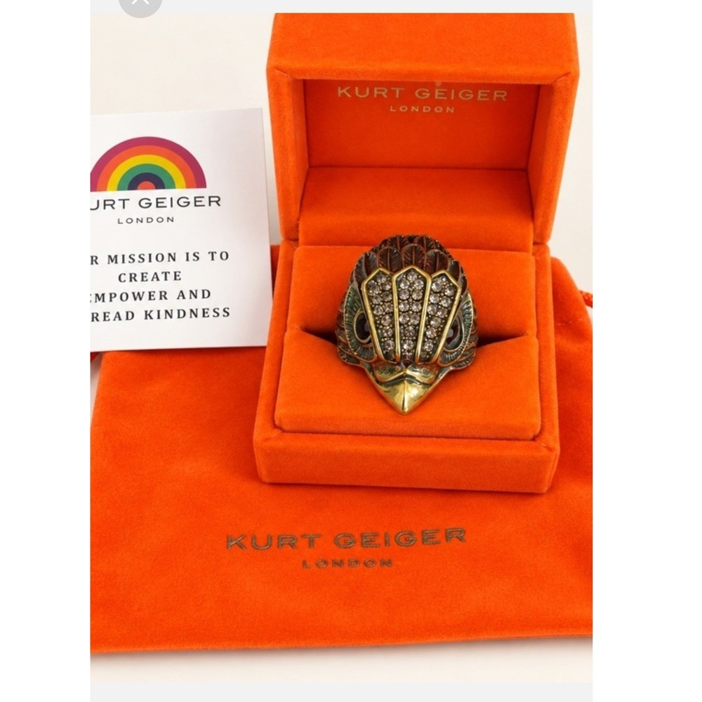 Kurt Geiger London Eagle Head Statement Ring Antique Brass Crystal Embellished 8
